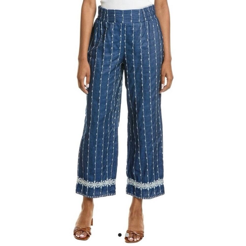 Nanette Lepore Chambray Floral Embroidered Wide Leg Pants Blue White Size S NWT